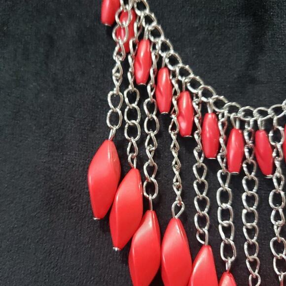 Womens Silver Chain Binge Red Stone Beaded Statement Necklace with Lobster Clasp - Picture 5 of 8